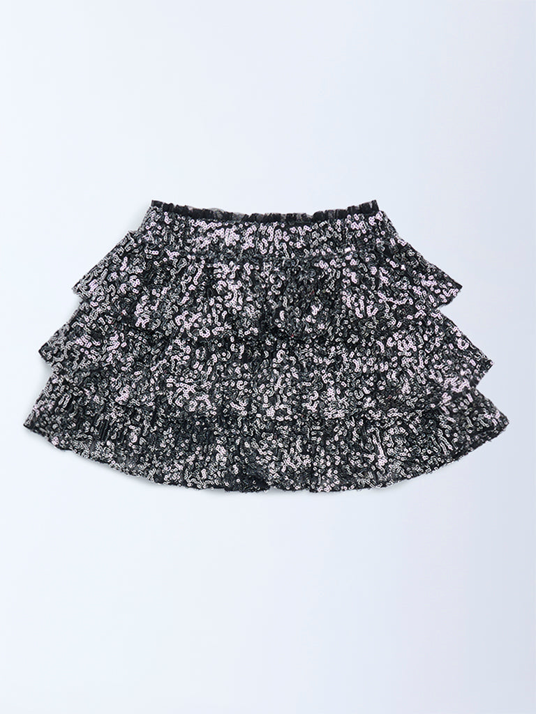 HOP Kids Girls Black Sequin Embellished High-Rise Tiered Skirt