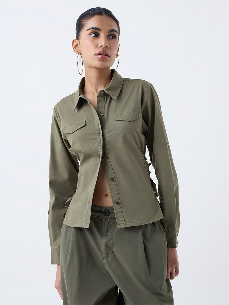 Nuon Olive Criss-Cross Detailed Cotton-Blend Shirt