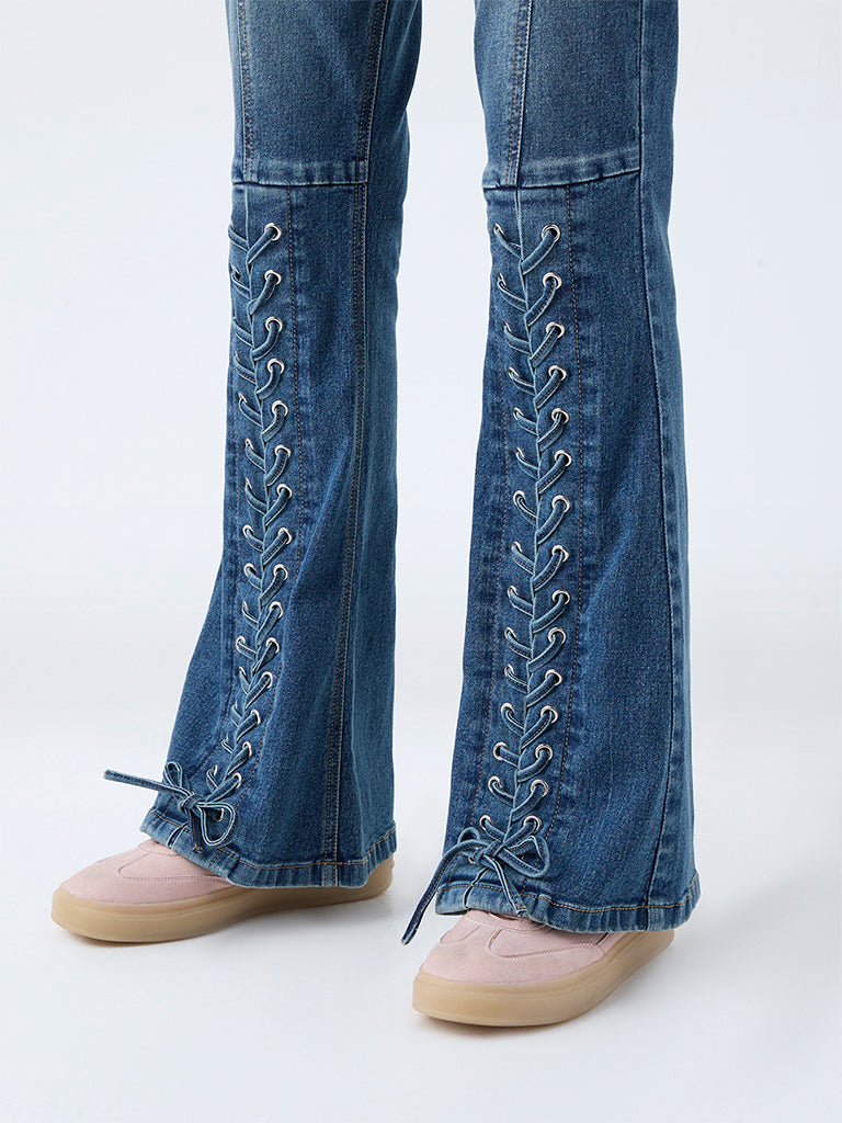 Nuon Blue Criss-Cross Detailed High-Rise Bootcut Jeans