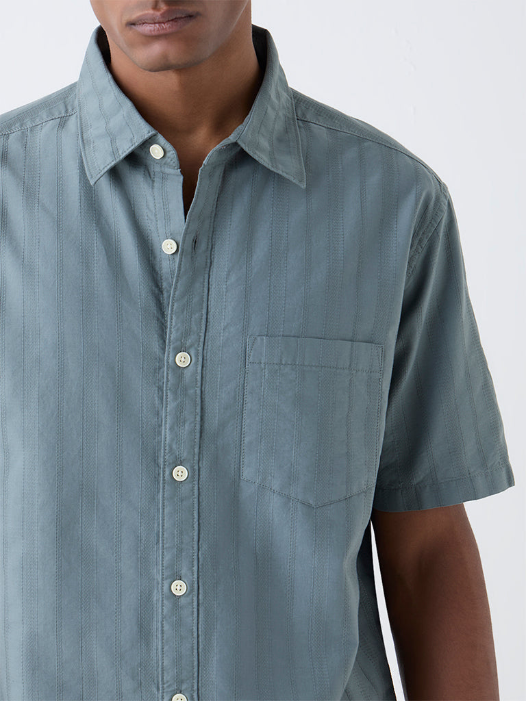 WES Casuals Sage Self-Striped Relaxed-Fit Cotton Shirt