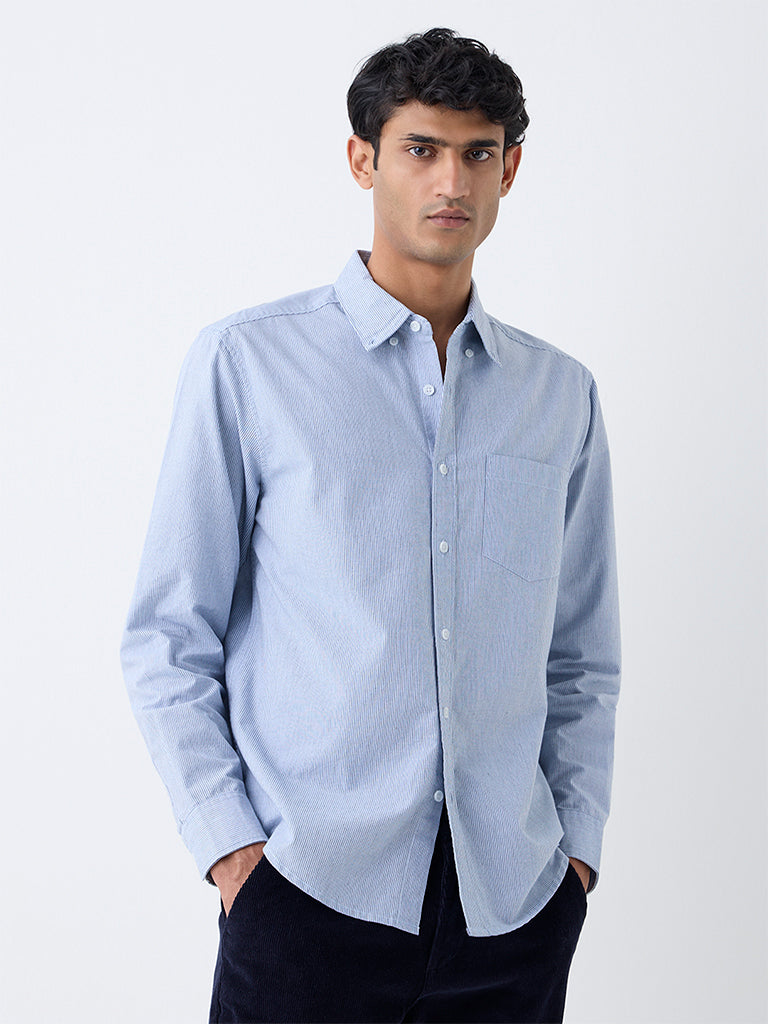 WES Casuals Blue Pinstriped Cotton Relaxed-Fit Cotton  Shirt