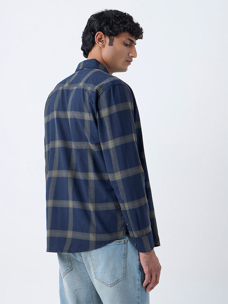 WES Casuals Navy Checkered Relaxed-Fit Cotton Shirt