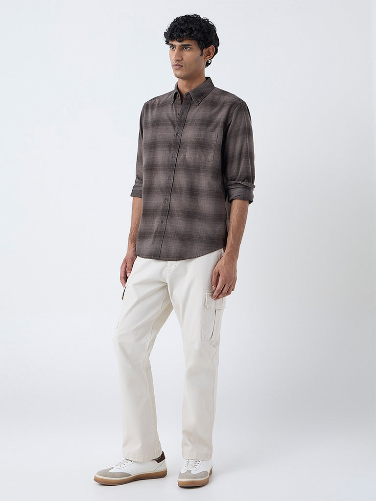 WES Casuals Brown Checks Printed Relaxed-Fit Cotton Shirt