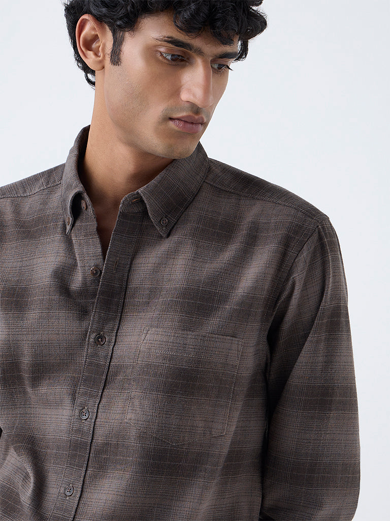 WES Casuals Brown Checks Printed Relaxed-Fit Cotton Shirt