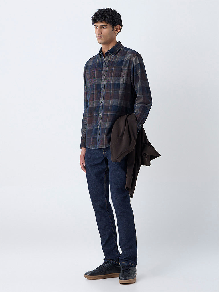 WES Casuals Brown Checkered Relaxed-Fit Cotton-Blend Shirt