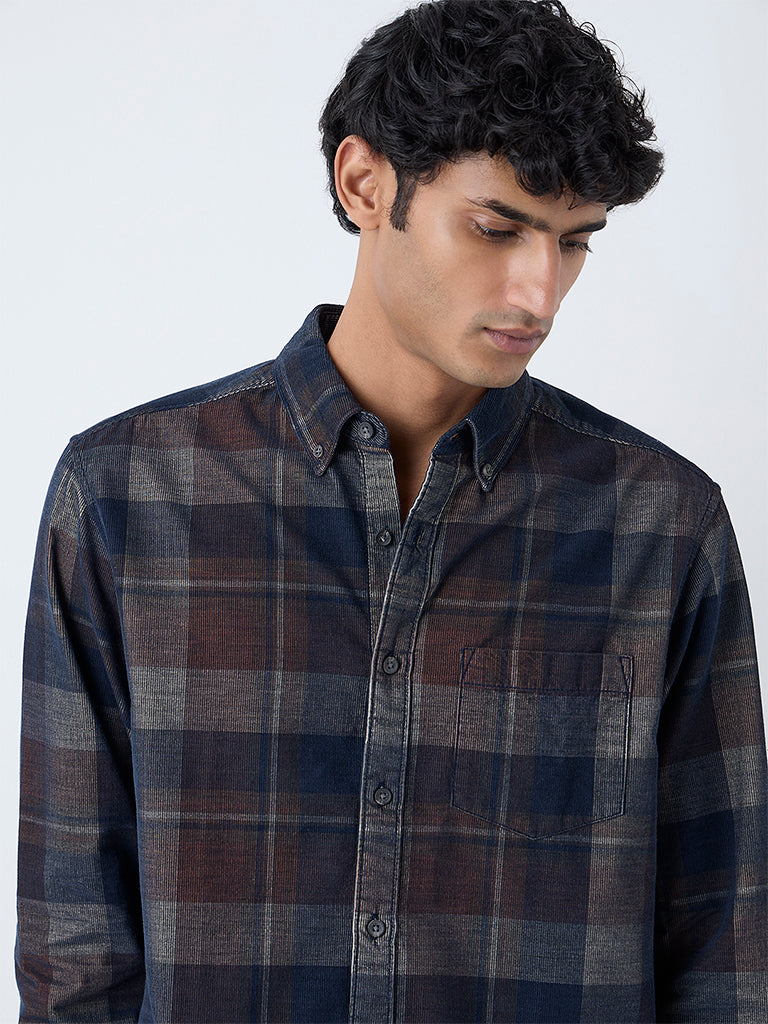 WES Casuals Brown Checkered Relaxed-Fit Cotton-Blend Shirt