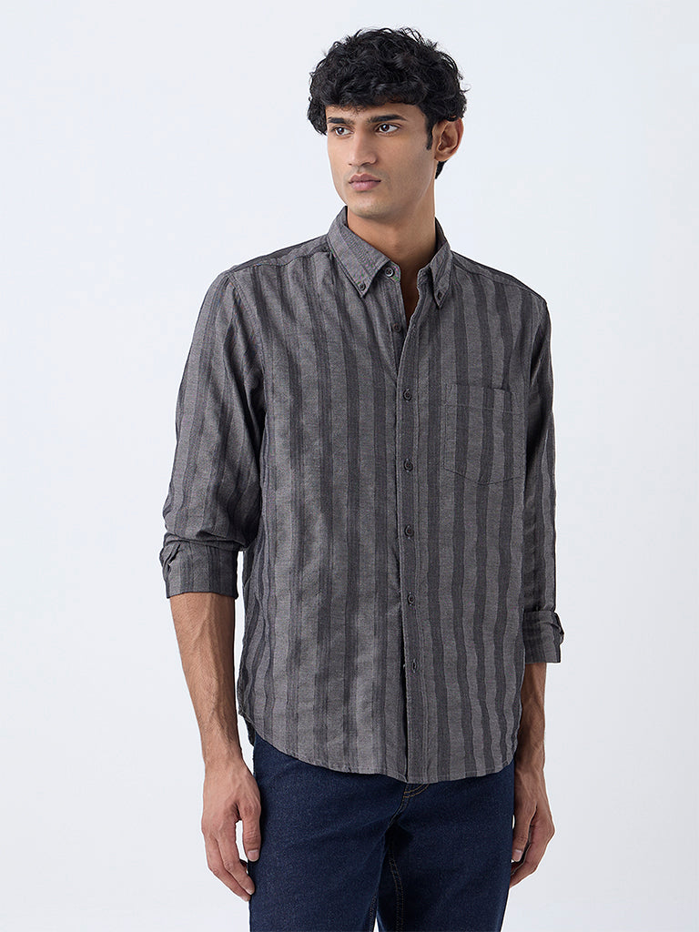 WES Casuals Charcoal Striped Relaxed-Fit Cotton Shirt