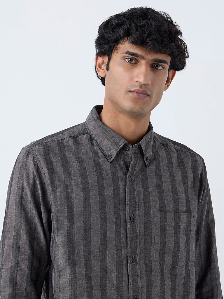WES Casuals Charcoal Striped Relaxed-Fit Cotton Shirt