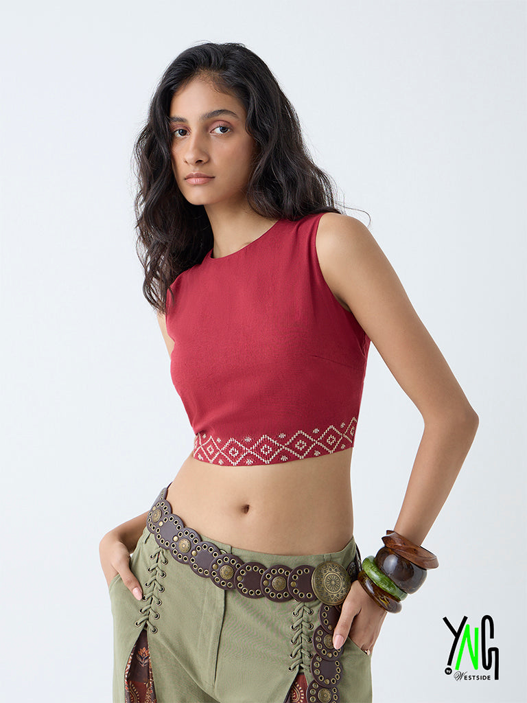 Westside Bombay Paisley Women's Maroon Embroidered Cotton-Blend Crop Top for Everyday Front view