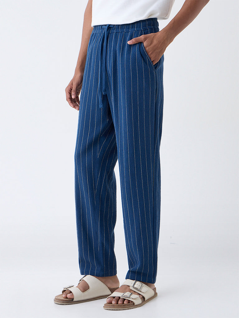 ETA Indigo Pinstriped Relaxed-Fit Mid-Rise Cotton Trousers