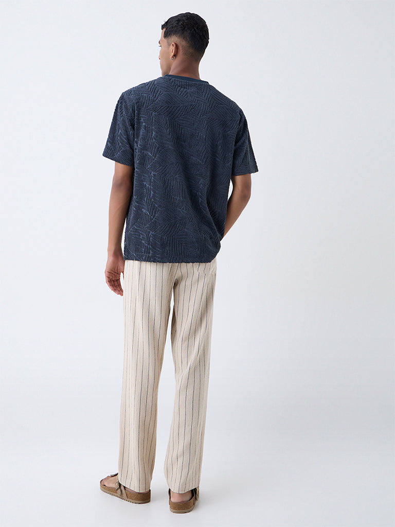 ETA Beige Pinstriped Relaxed-Fit Mid-Rise Cotton Trousers