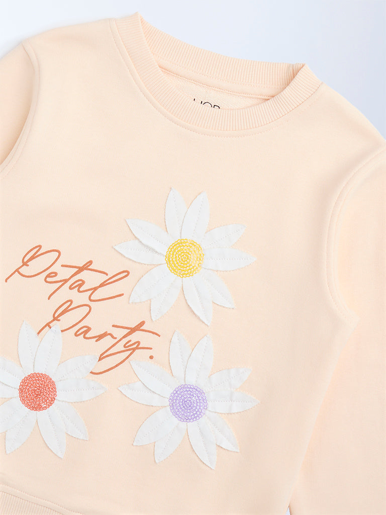 HOP Kids Girls Peach Floral Embroidered Cotton-Blend Sweatshirt