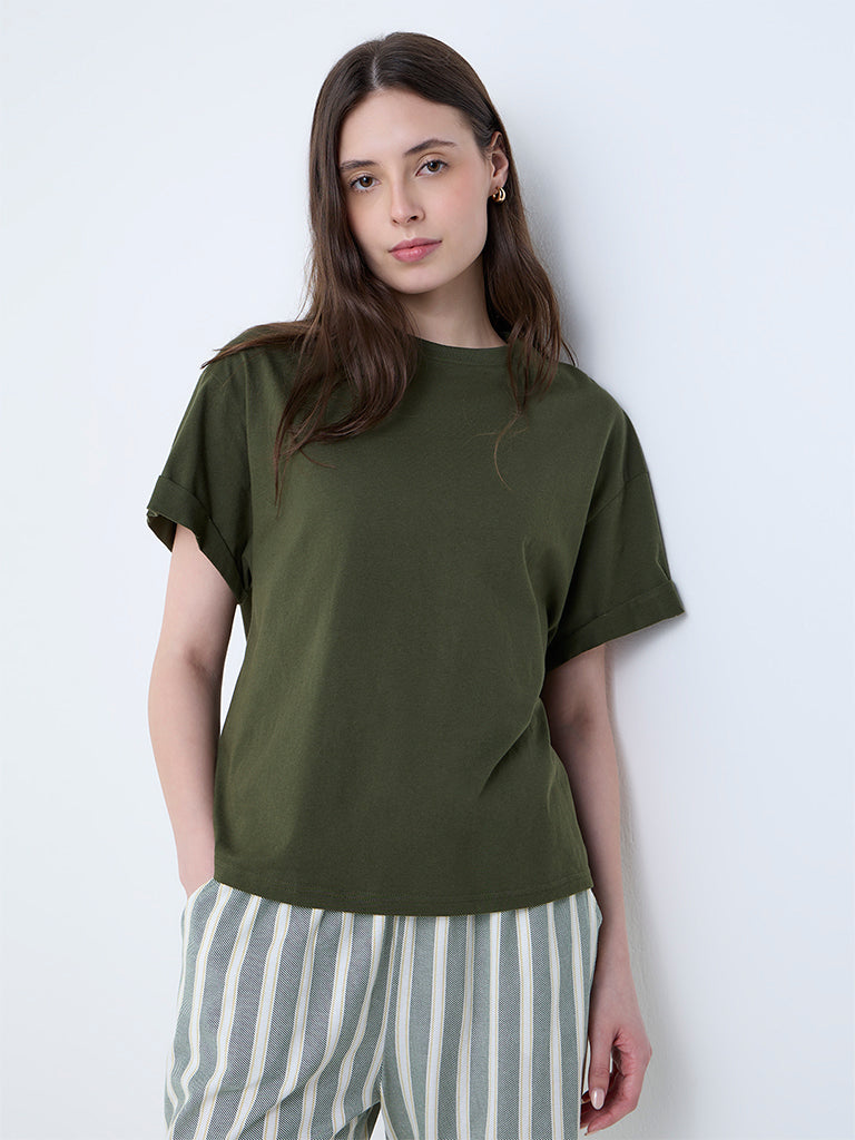 Wunderlove Dark Olive Solid Cotton T-Shirt