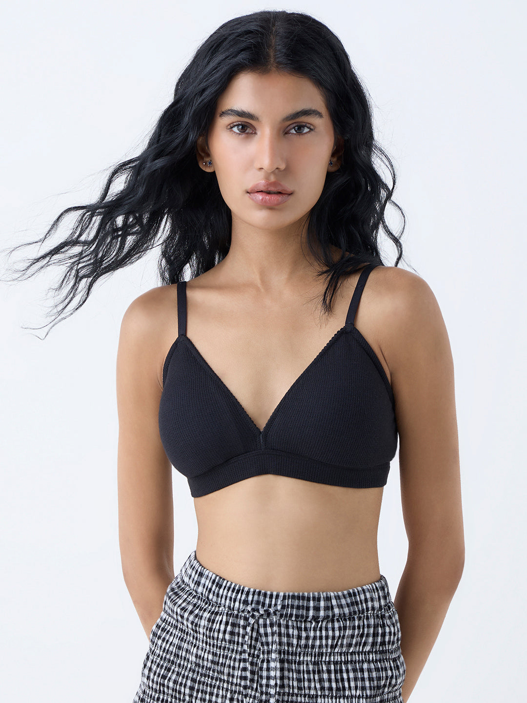Superstar Black Waffle-Textured Padded Cotton-Blend Bra