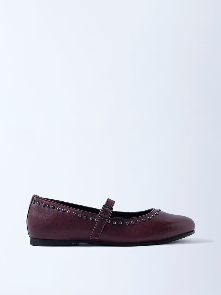 LUNA BLU Burgundy Stud-Detailed Leather Mary Jane Shoes