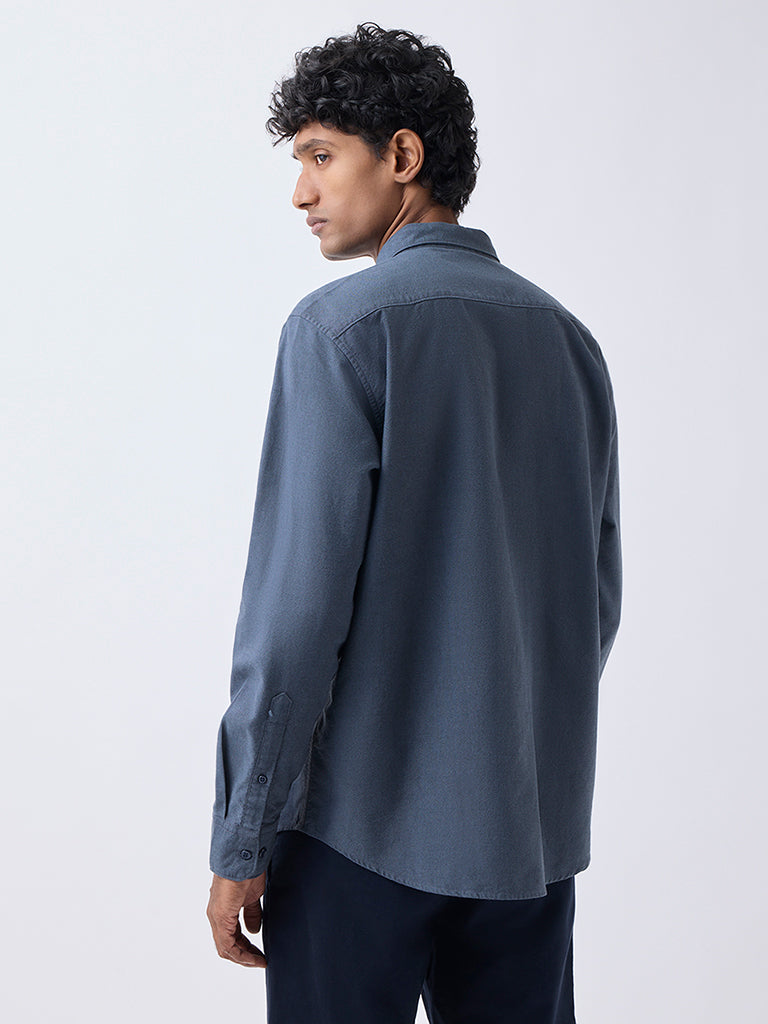 WES Casuals Dark Blue Solid Relaxed-Fit Cotton Shirt