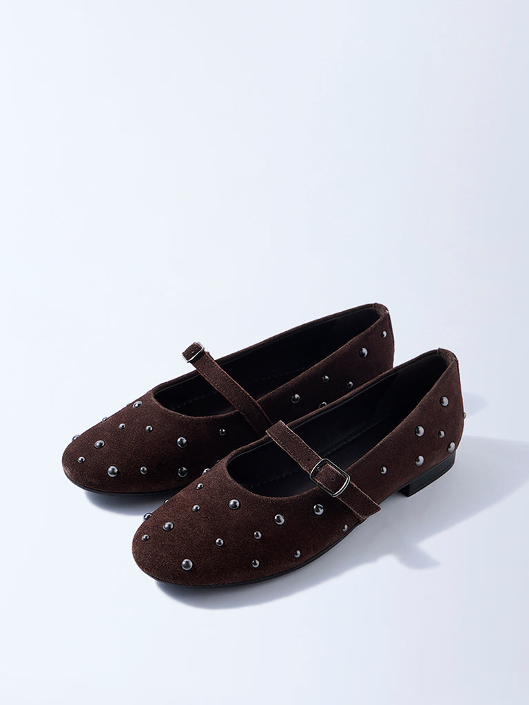 LUNA BLU Brown Stud-Detailed Leather Mary Jane Shoes