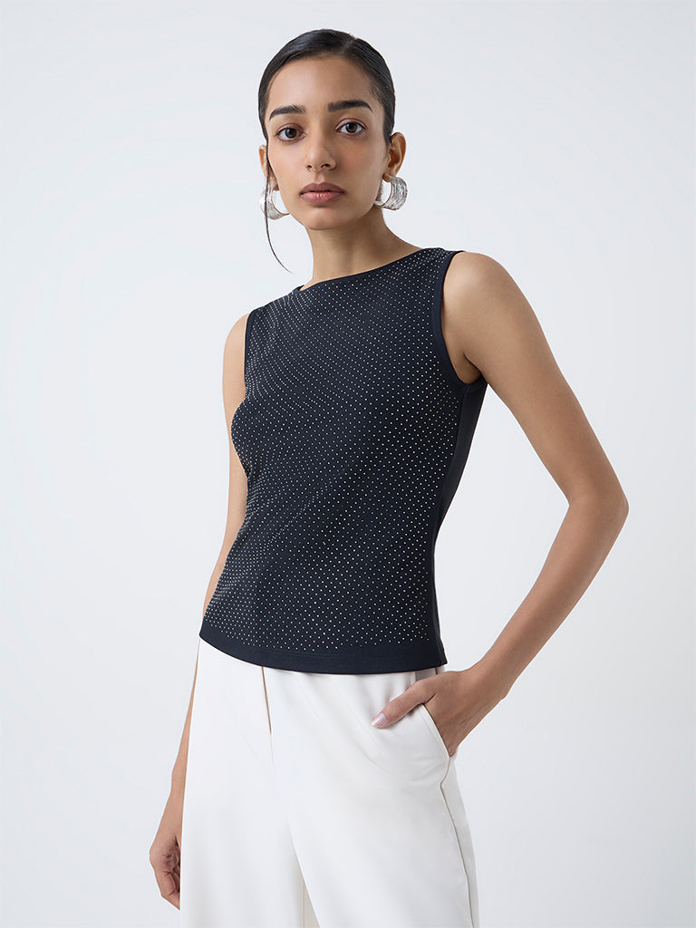 Wardrobe Black Embellished Cotton-Blend Top