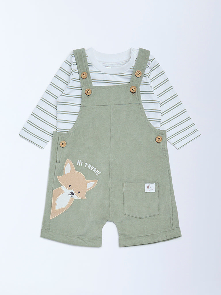 HOP Baby Boys Olive Animal Design Dungaree and T-Shirt Set