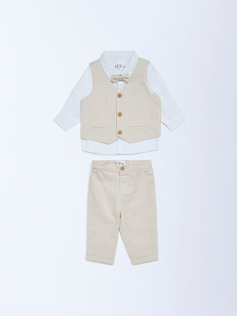 HOP Baby Boys Beige Cotton Waistcoat, Shirt, Trousers and Bow Set