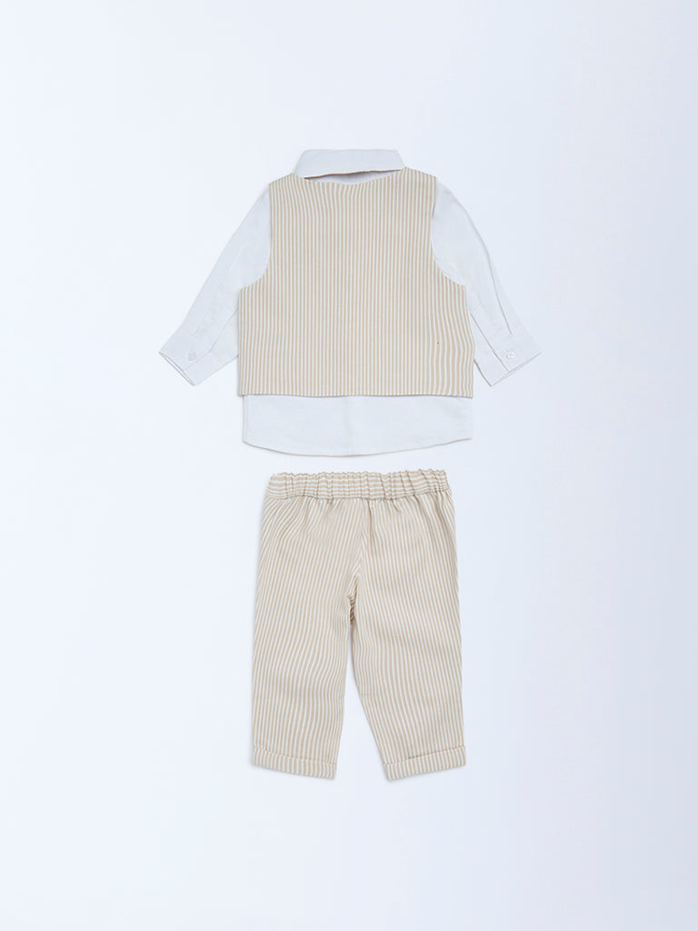 HOP Baby Boys Beige Cotton Waistcoat, Shirt, Trousers and Bow Set