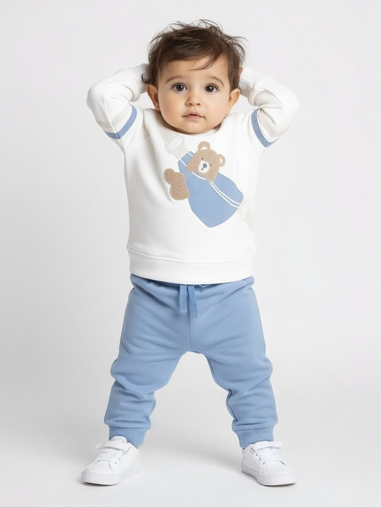HOP Baby Boys White Cotton-Blend Sweatshirt and Joggers Set