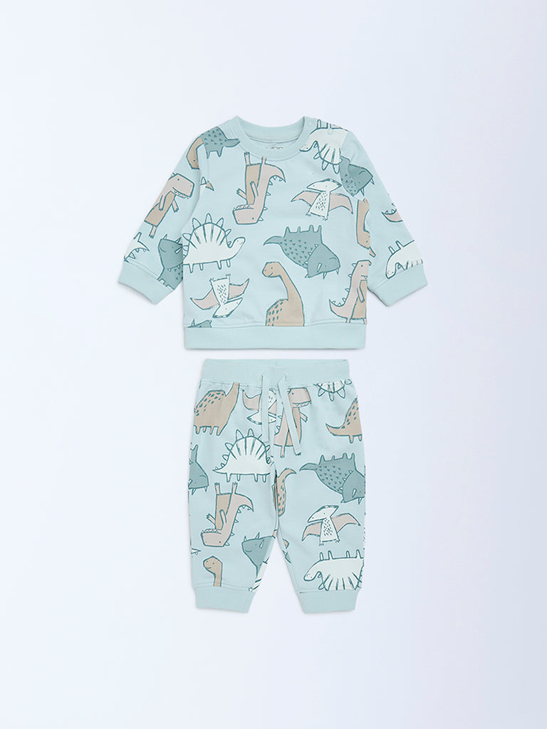 HOP Baby Boys Mint Dinosaur Pattern Sweatshirt and Joggers Set