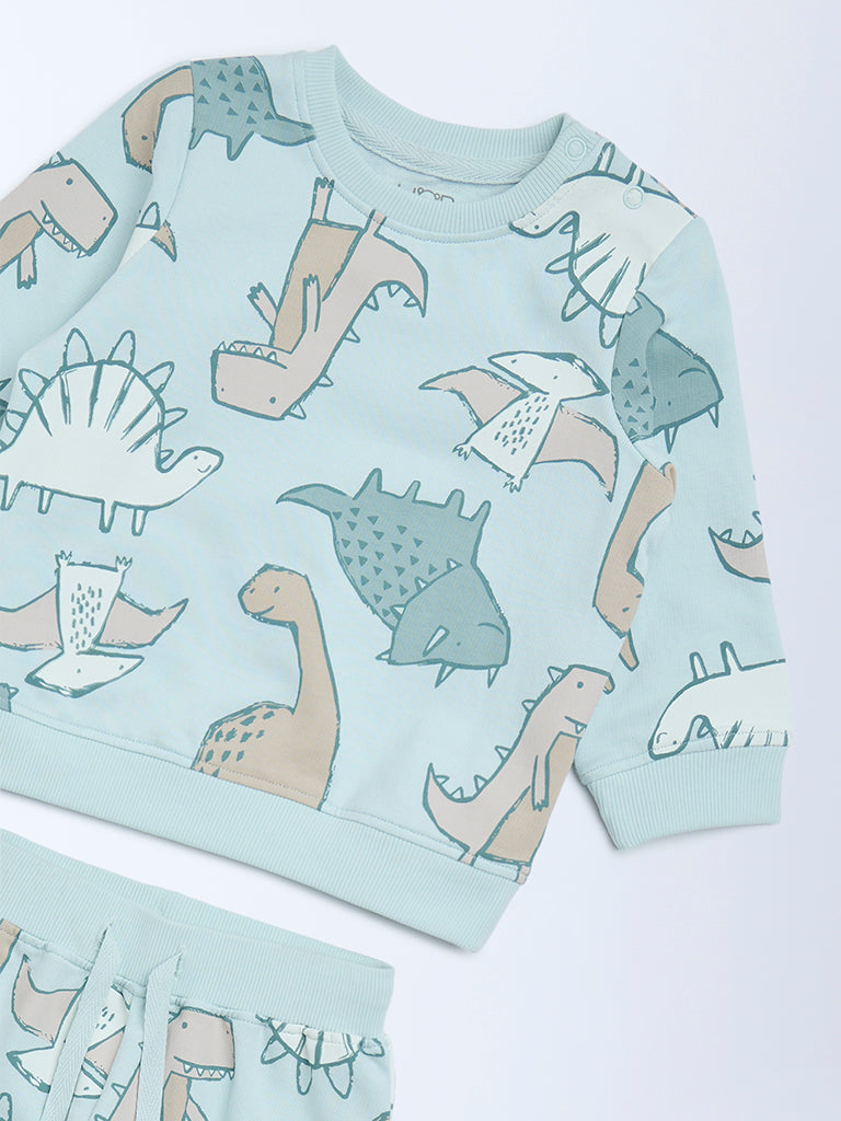 HOP Baby Boys Mint Dinosaur Pattern Sweatshirt and Joggers Set