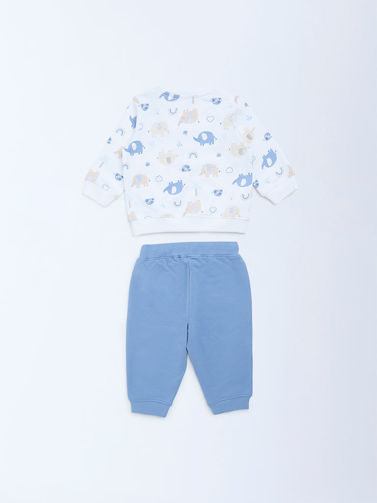 HOP Baby Boys White Animal Printed Cotton Sweatshirt and Pants Set