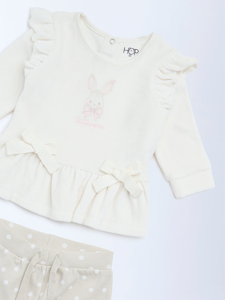 HOP Baby Girls White Cotton-Blend A-Line Dress with Pants Set
