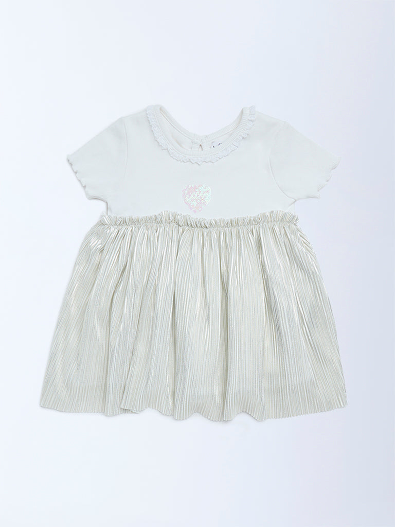 HOP Baby Girls Silver Fit-and-Flare Plisse Cotton-Blend Dress