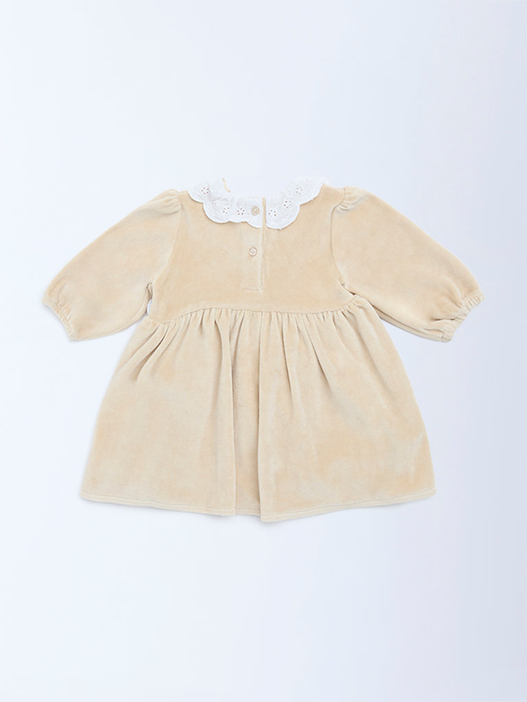 HOP Baby Girls Beige Schiffli Detailed Cotton-Blend A-Line Dress