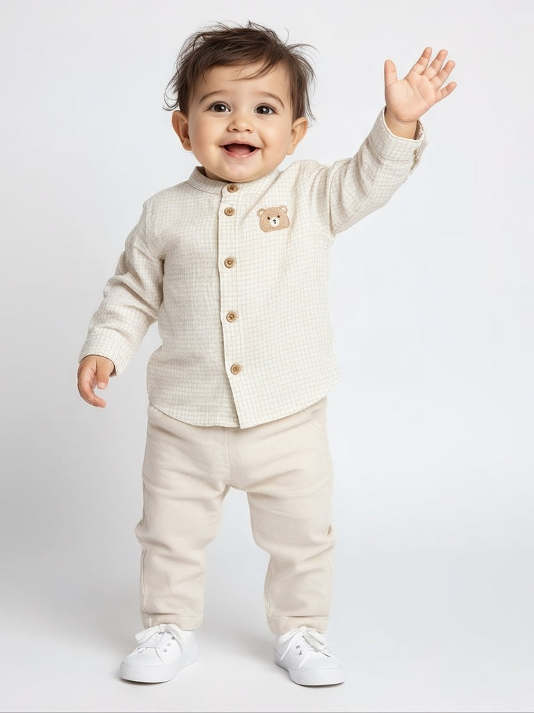 HOP Baby Boys Beige Checkered Cotton-Blend Shirt and Pants Set
