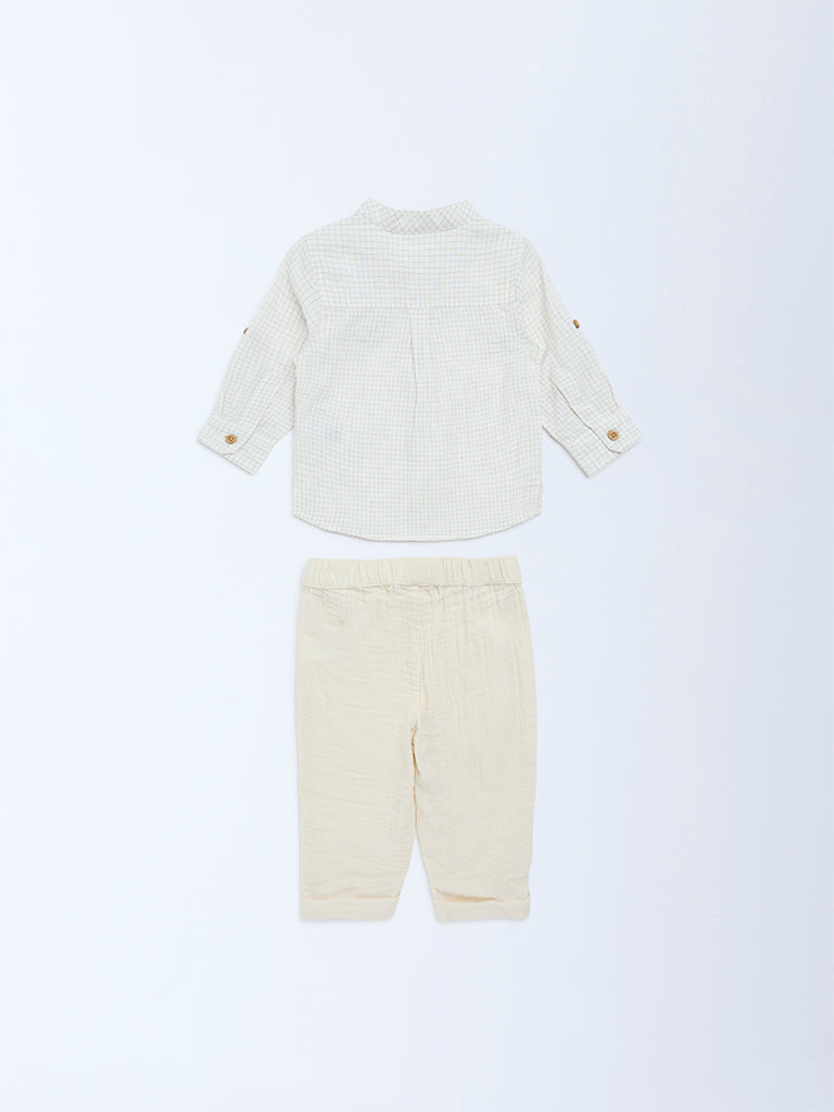 HOP Baby Boys Beige Checkered Cotton-Blend Shirt and Pants Set