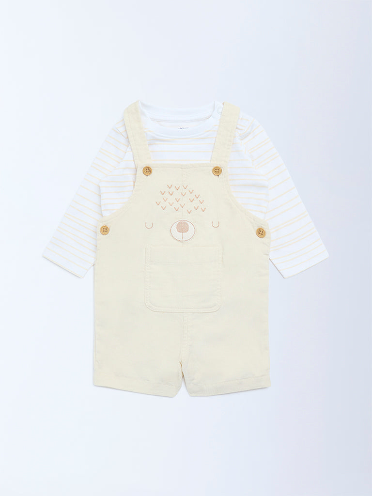 HOP Baby Boys Beige Corduroy Cotton Dungaree with T-Shirt Set