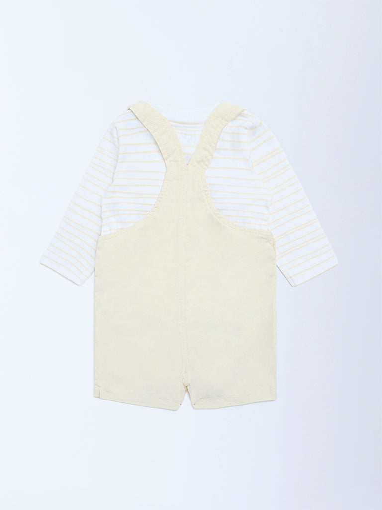 HOP Baby Boys Beige Corduroy Cotton Dungaree with T-Shirt Set