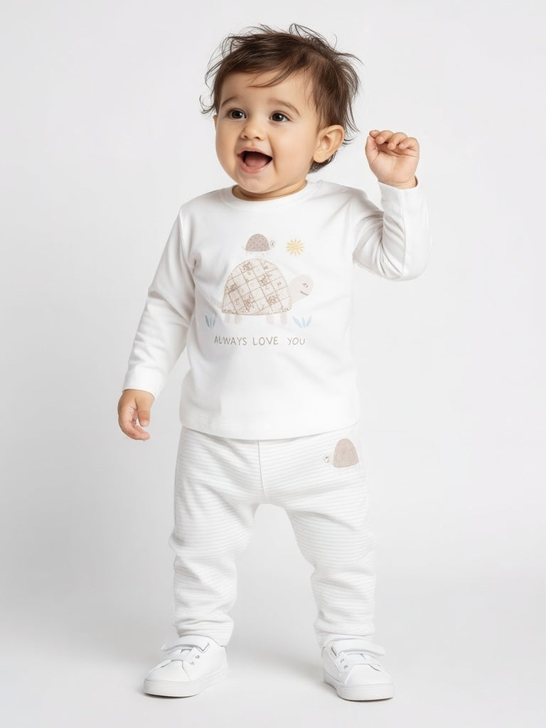 HOP Baby Boys White Animal Printed Cotton T-Shirt and Pants Set