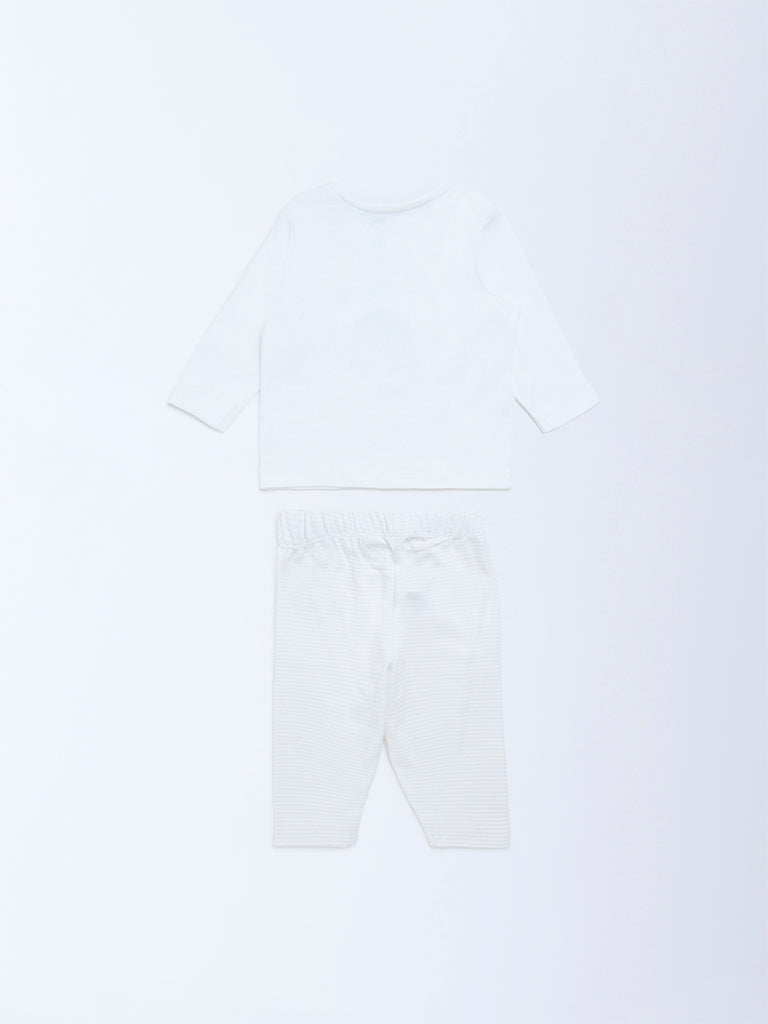 HOP Baby Boys White Animal Printed Cotton T-Shirt and Pants Set