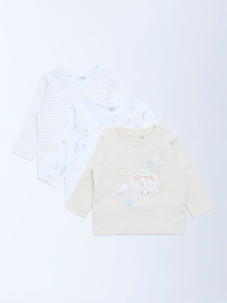 HOP Baby Boys Beige Printed Cotton T-Shirts - Pack of 3