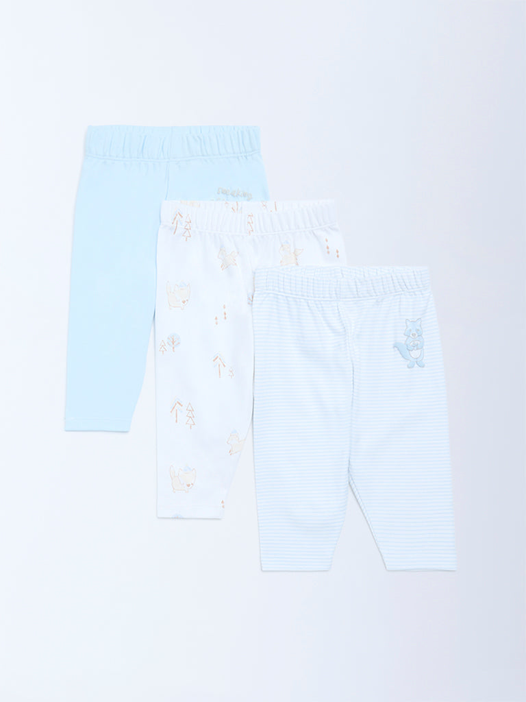 HOP Baby Boys Blue Printed Mid-Rise Cotton Pants - Pack of 3