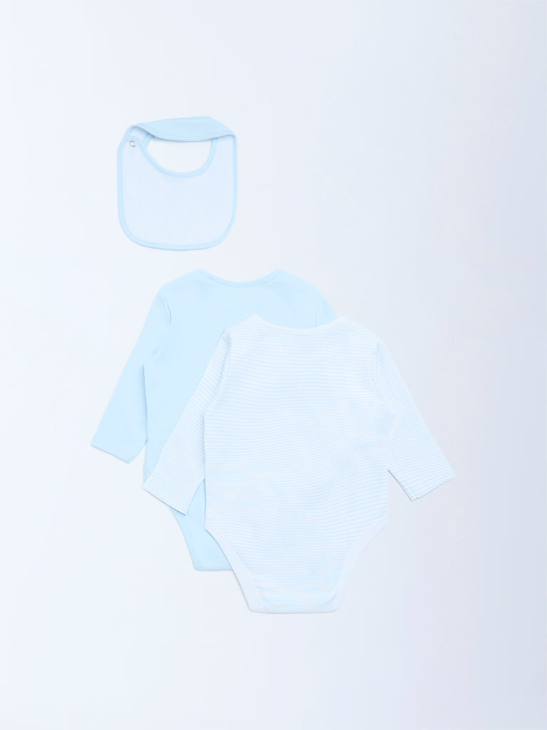 HOP Baby Boys Blue Printed Cotton Rompers and Bib - Pack of 2