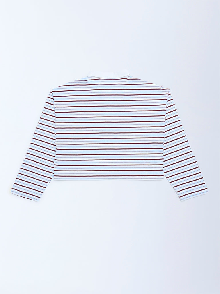 Girls Brown Striped Cotton Polo T-Shirt