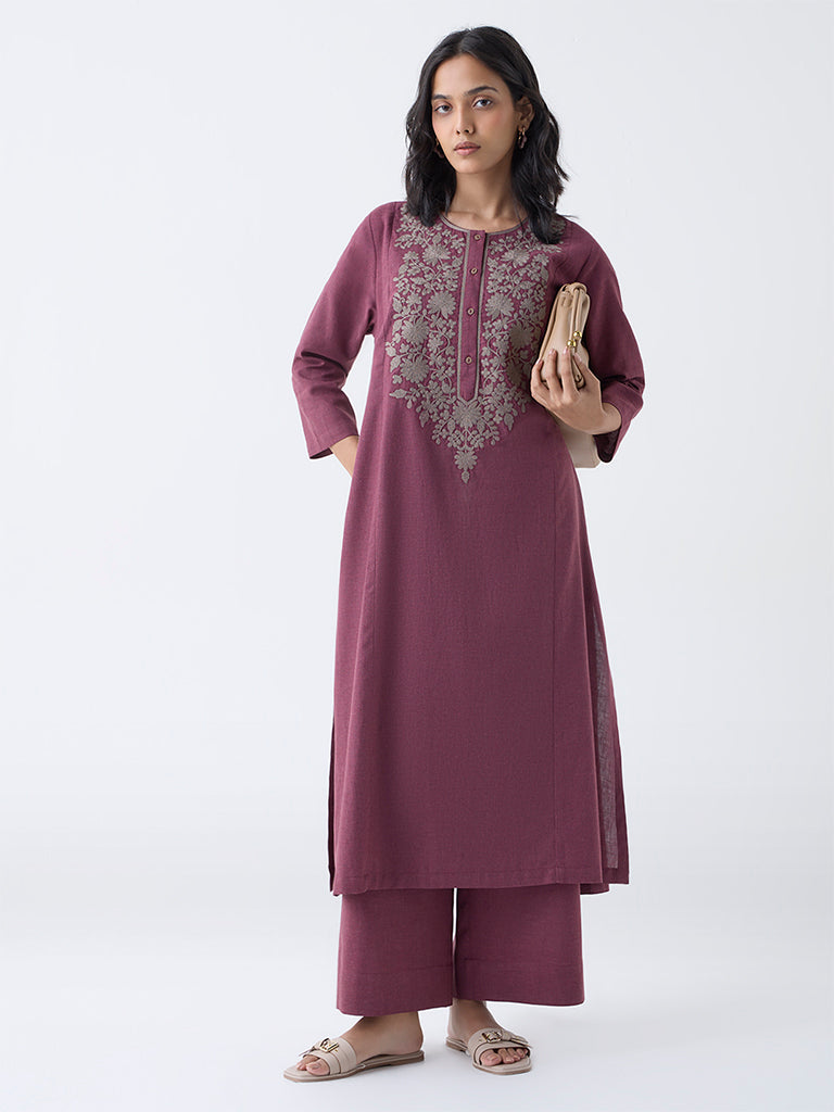 Utsa Wine Solid Cotton Palazzos