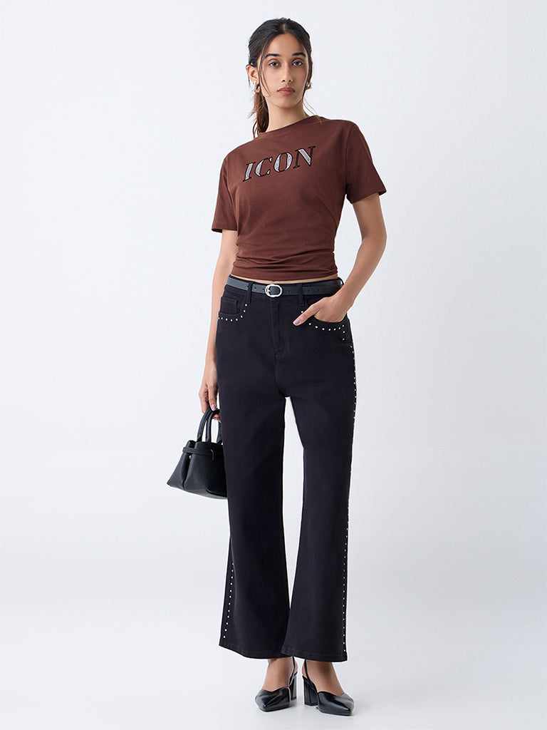 LOV Brown Typographic Cotton T-Shirt