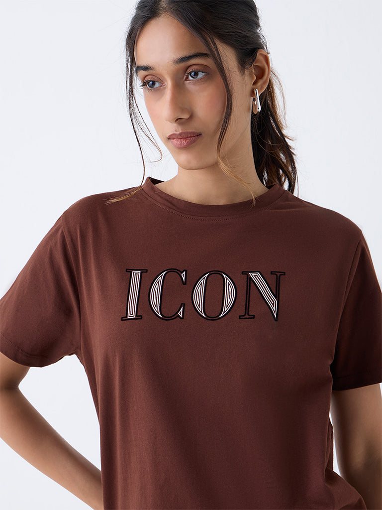 LOV Brown Typographic Cotton T-Shirt