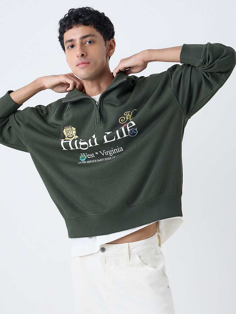 Nuon Dark Olive Relaxed-Fit Cotton-Blend Quarter-Zip Sweatshirt