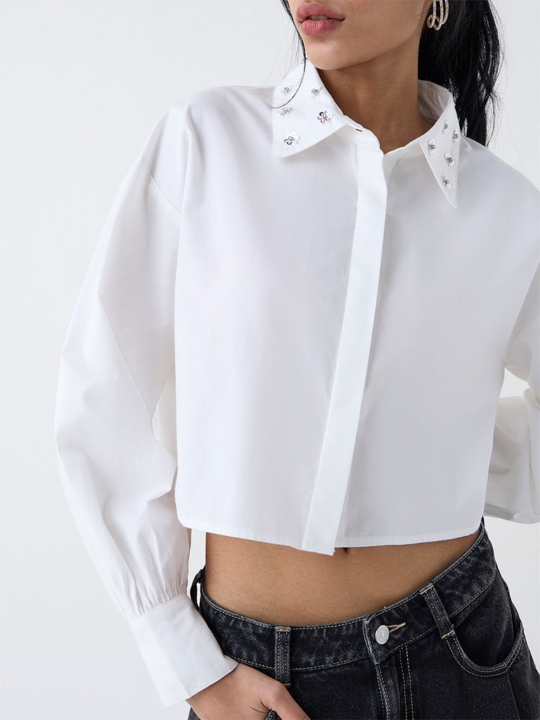 Nuon White Embellished Cotton Shirt