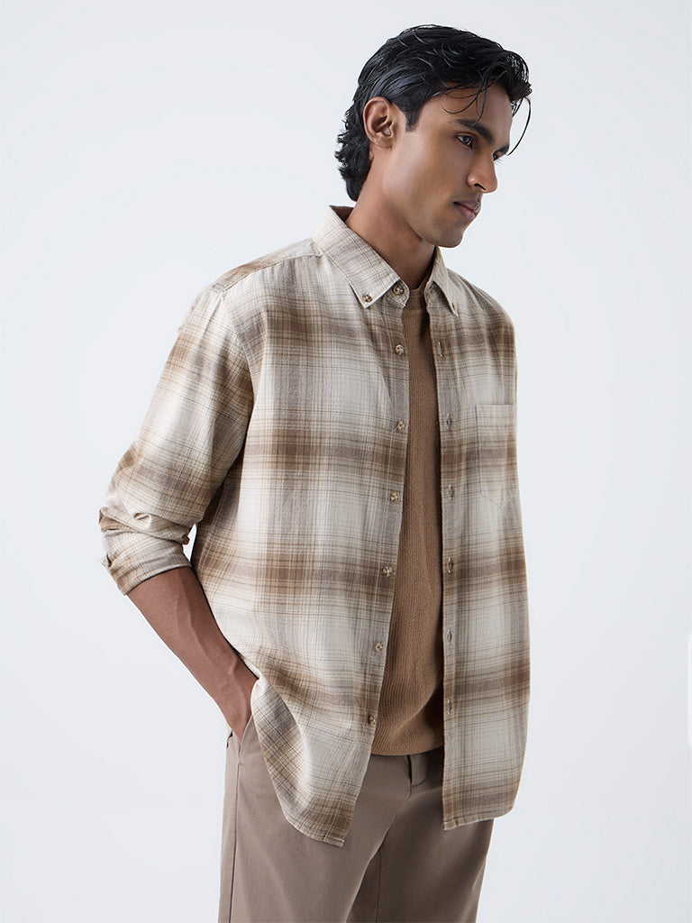 WES Casuals Tan Checks Pattern Relaxed-Fit Cotton Shirt