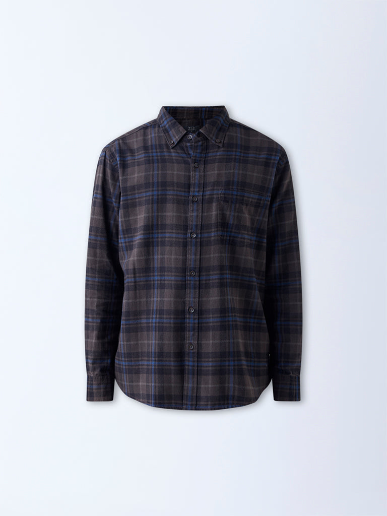 WES Casuals Dark Brown Checkered Relaxed-Fit Cotton Shirt