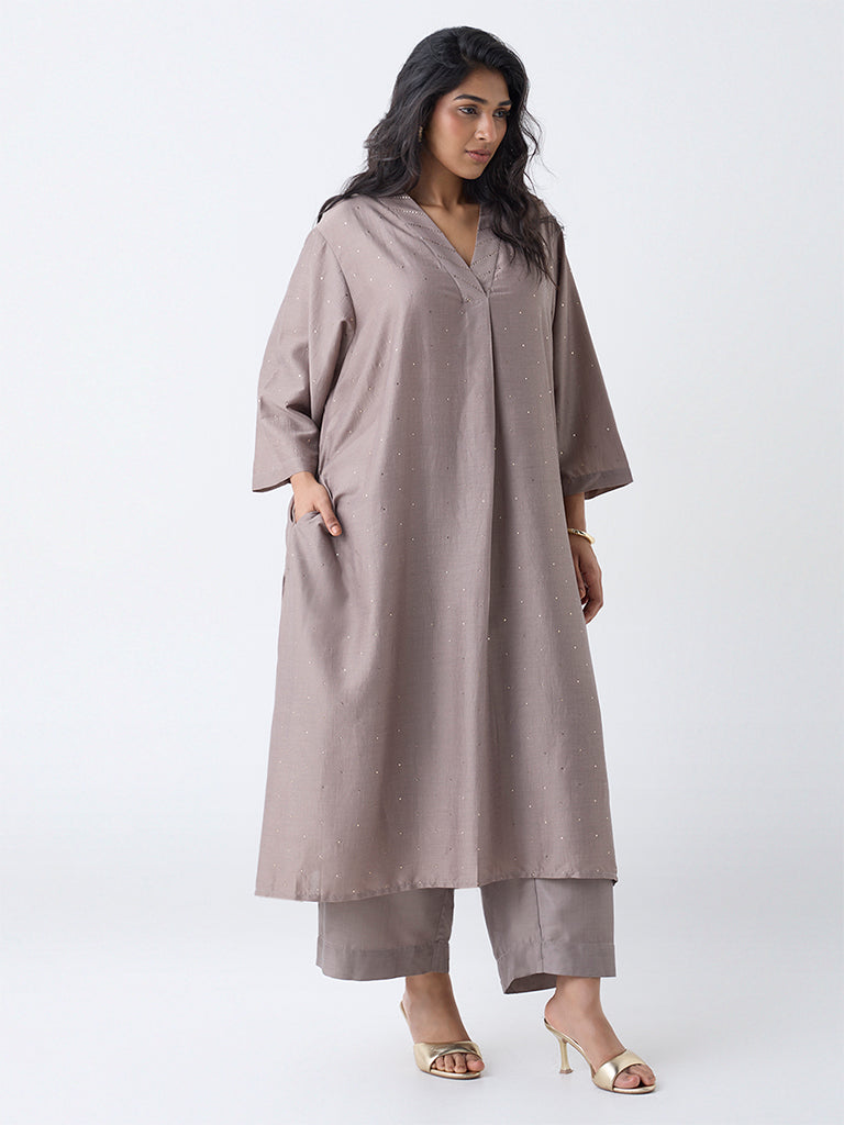 Diza Taupe Embellished A-Line Kurta